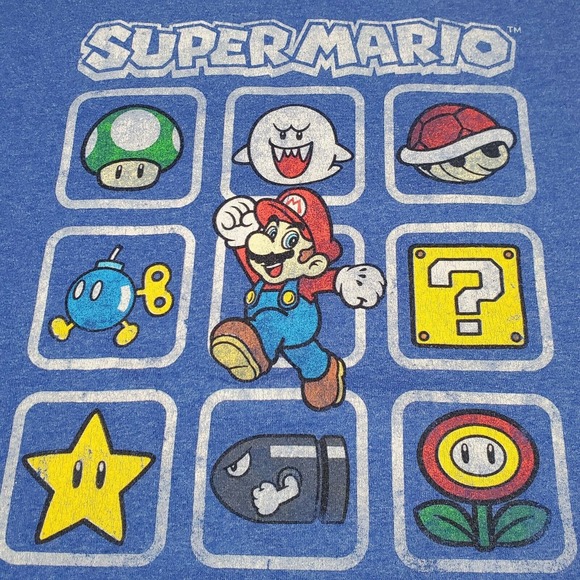 Super Mario Retro Blue T-shirt With All Characters From Video Game Adult Size XL - Picture 2 of 8